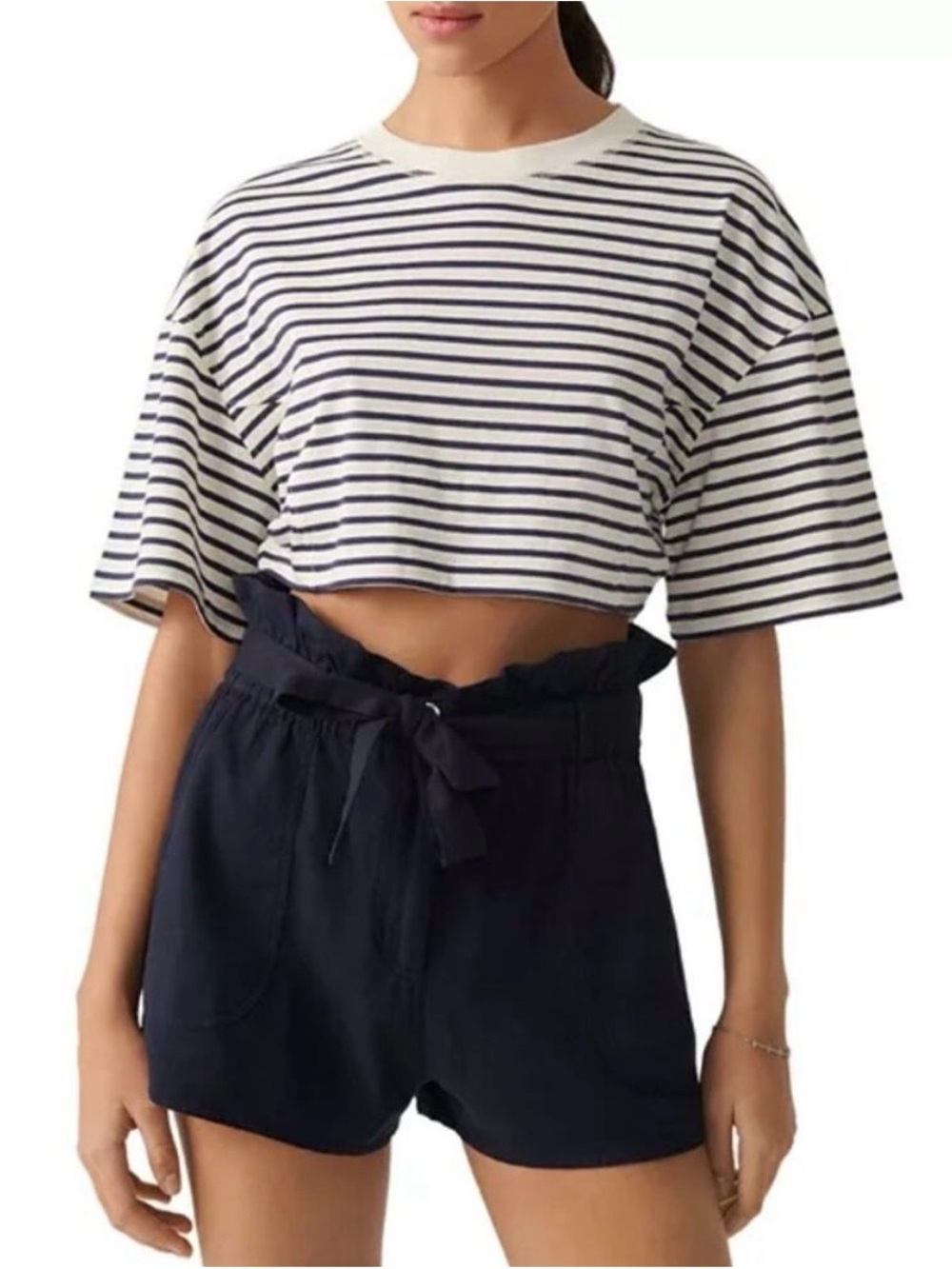 ba&sh Alta Striped Cropped Tee in Navy and Ivory